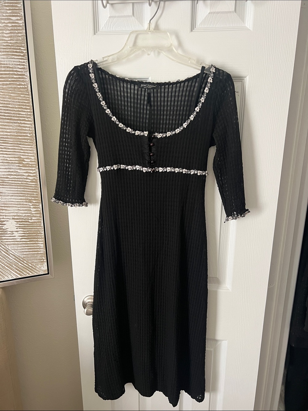 Betsey Johnson Black Ribbed Midi Dress with Floral Trim *Vintage*